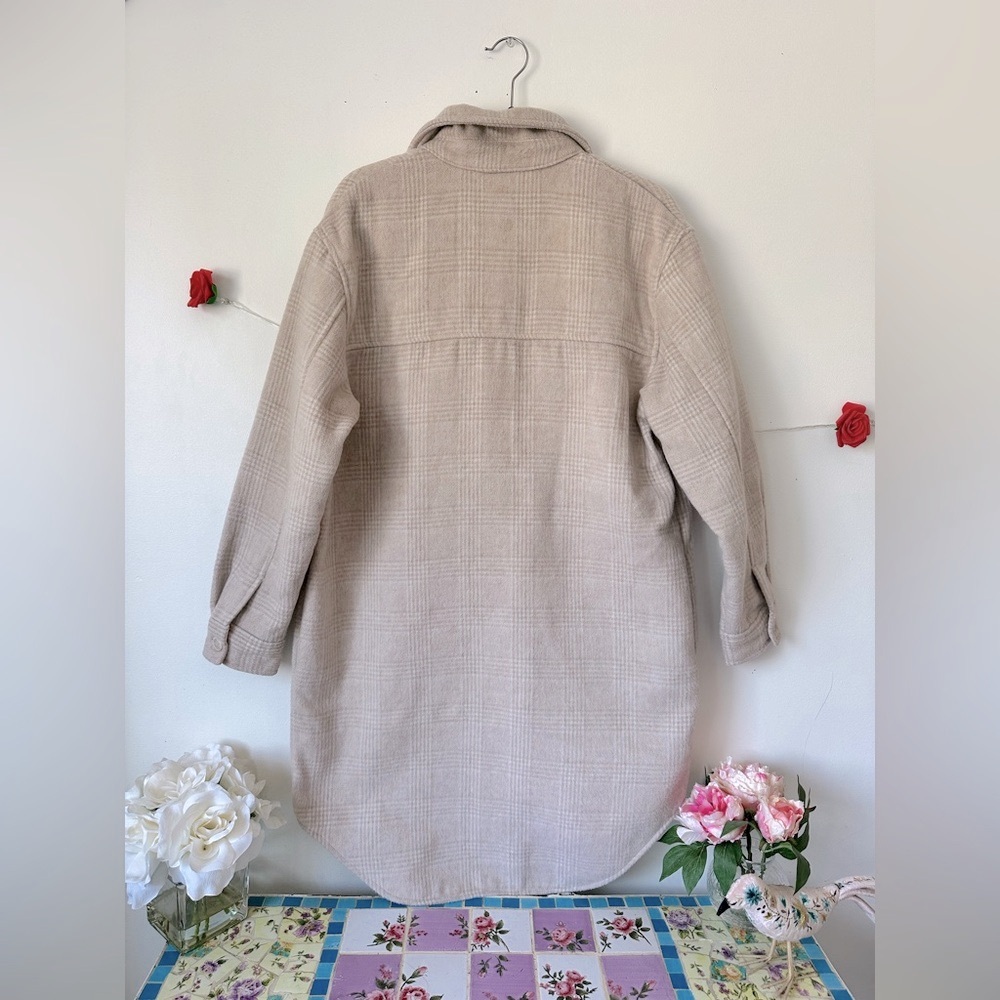 Joie Cream Plaid Neutral Long Button Down Shacket Coat L - Picture 6 of 9